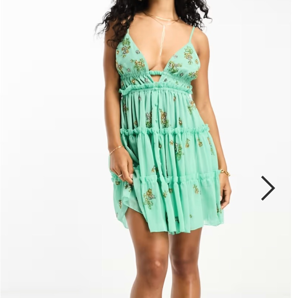 ASOS Embellished Green Floral Sleeveless Dress